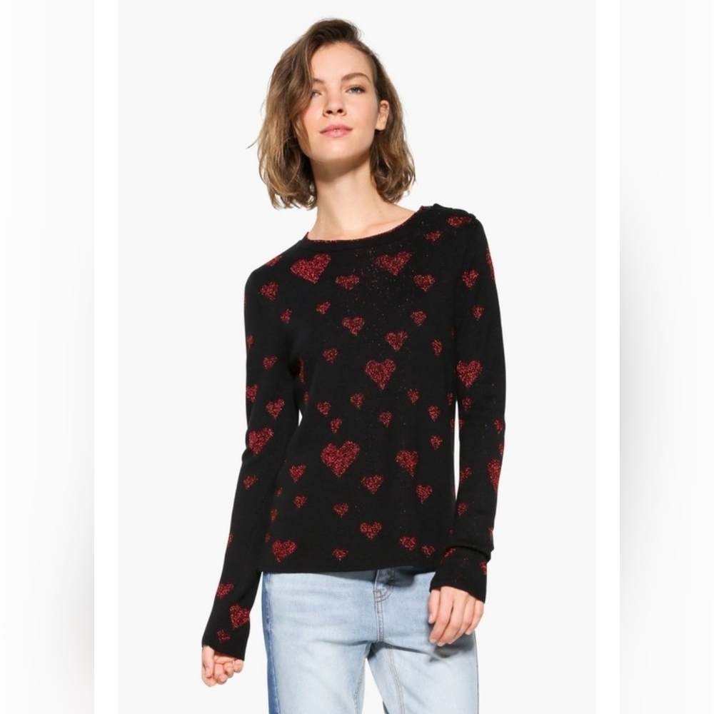 Desigual Maillot Women sweater size M black and Red, hearts patern ptp 18.5"